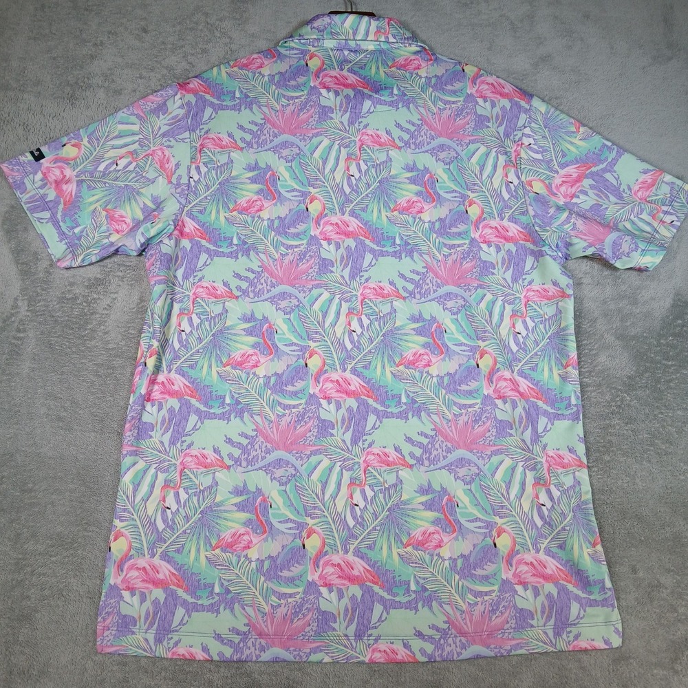 Bad Birdie Polo Shirt Mens M Pink Flamingo Tropical Performance Golf Sport - Picture 4 of 8